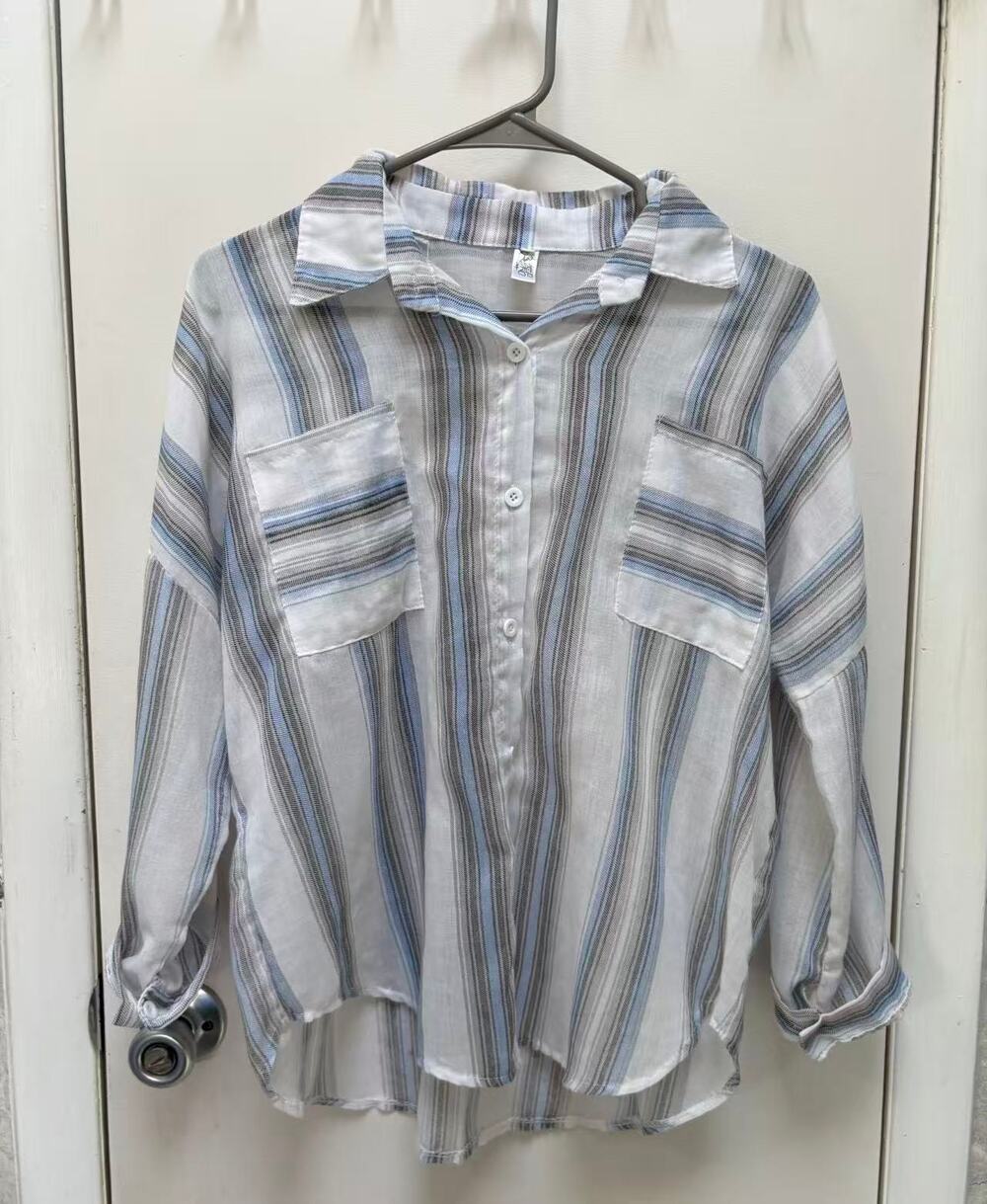 Women Casual Blue White Vertical Striped Button Down Shirt Lightweight Size XXL